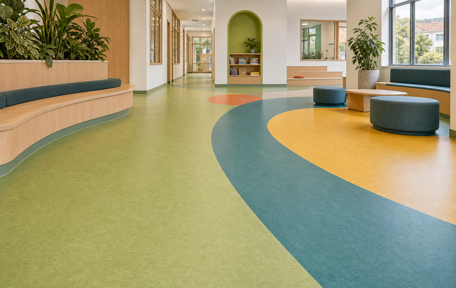 Finished colourful Marmoleum-style commercial floor in a sustainable education interior