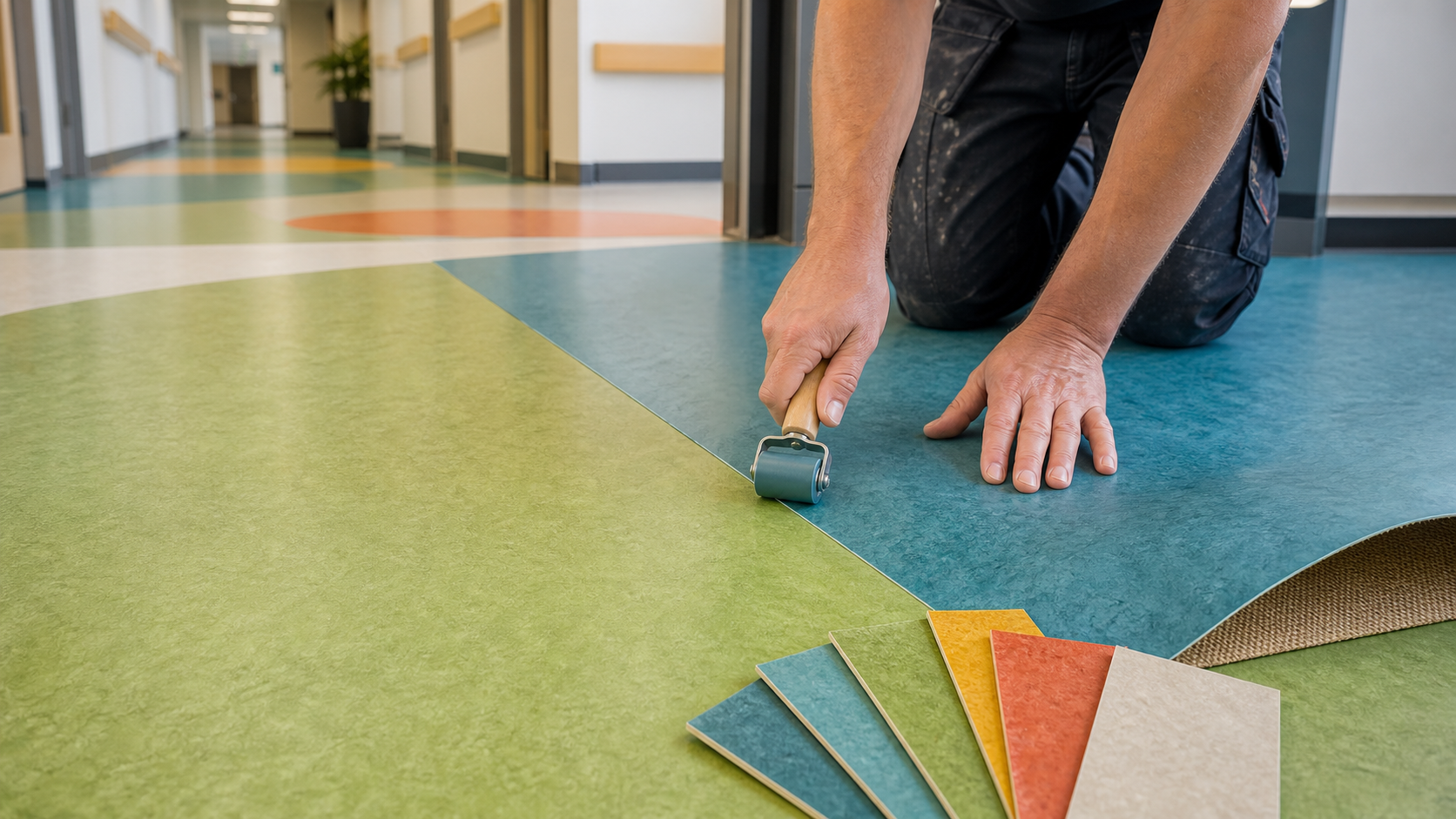 Installer rolling a bright Marmoleum-style flooring seam in a commercial corridor